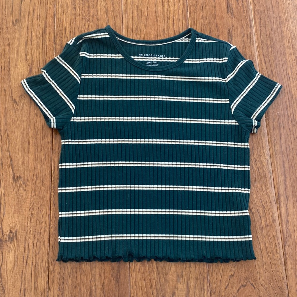 American Eagle Green Striped Ripped T-Shirt